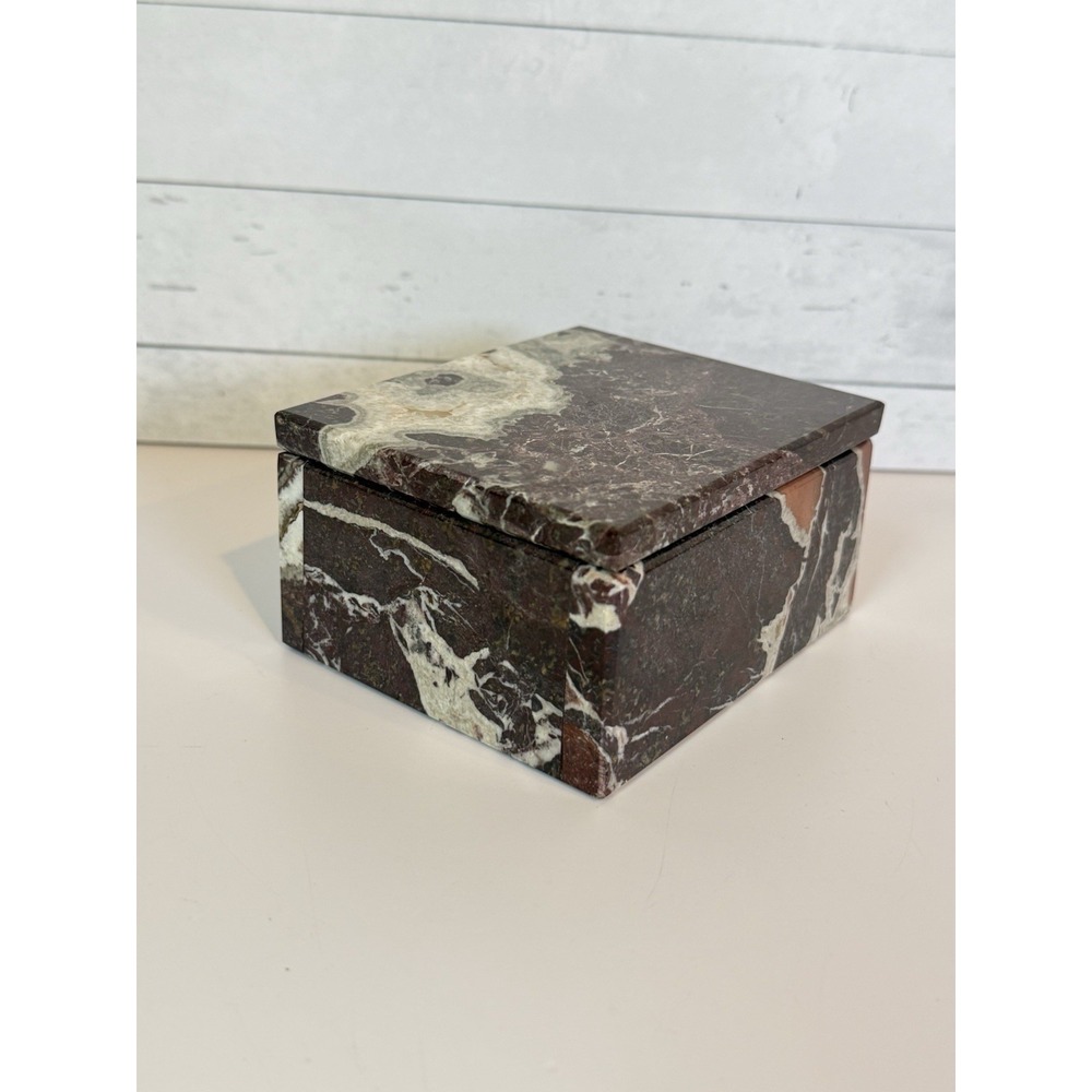 Natural Marble Stone Lidded Trinket Jewelry Box Burgundy Cream Veined